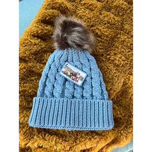 Women's Winter Collection Blue Cable Knit Beanie Hat with Brown Pom One Size